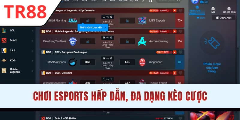 Thể thao điện tử có rất nhiều lựa chọn cược hấp dẫn